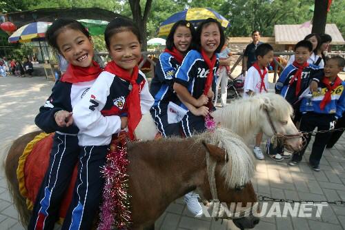  6月7日，在濟南動物園，來自災區的兩對雙胞胎姐妹丁雯（左一）、丁靜（左二）和陳方方（右一）、陳圓圓騎上美國小矮馬拍照。 當日，在山東濟南師范學校過渡復學的340多名來自四川省北川縣擂鼓鎮的小學生到濟南動物園免費游園，度過了愉快的一天。